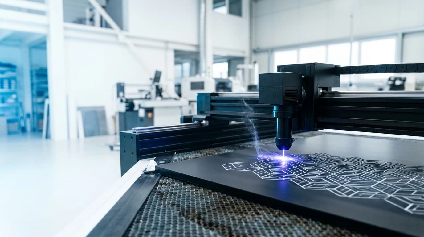 A CO₂ laser marking head scribing a geometric pattern into a coated panel on a flatbed