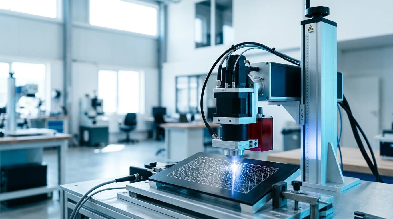 A benchtop diode-pumped laser marking head etching a fine geometric pattern into an aluminium plate