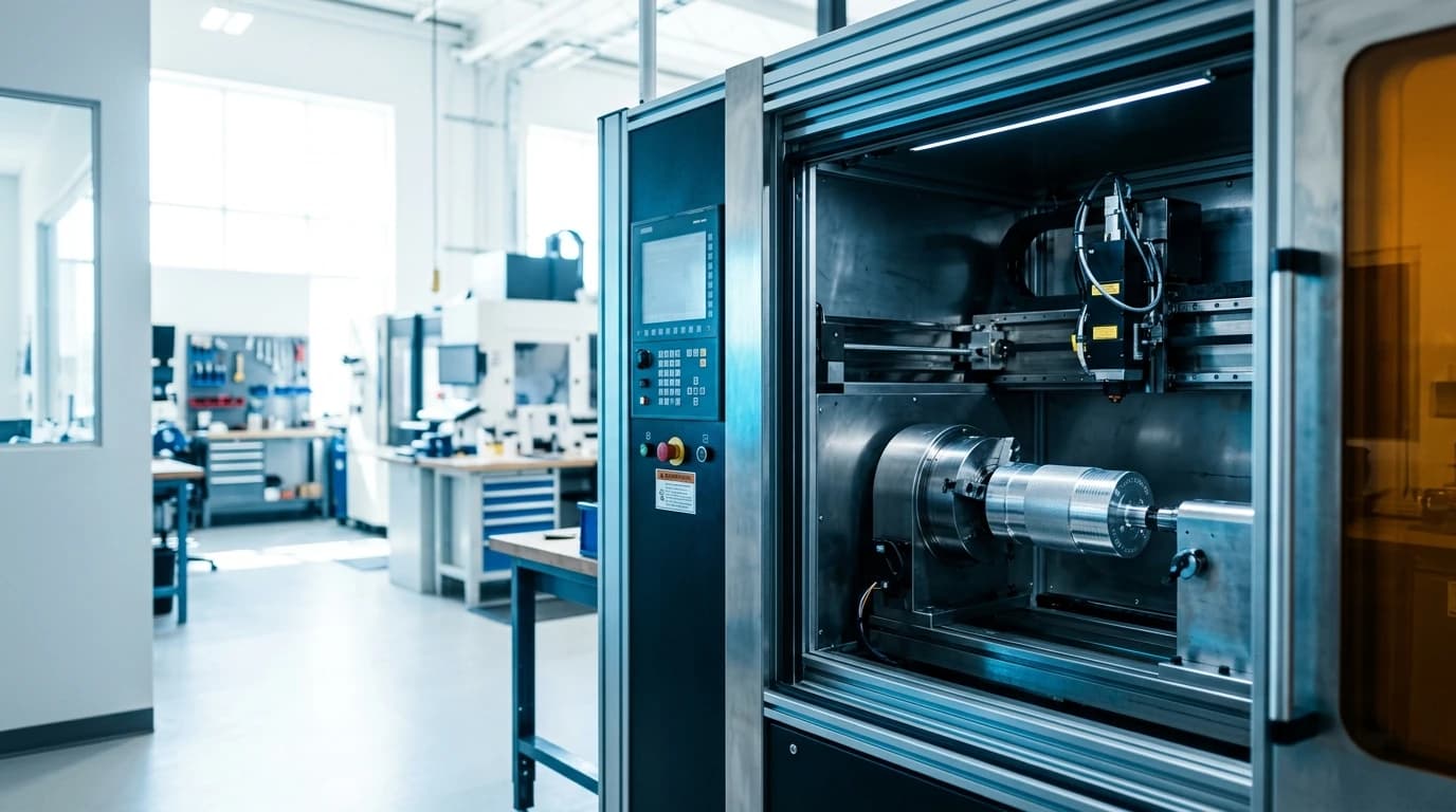 A Class 1 laser safety enclosure with its door open, a rotary fixture holding a cylindrical part inside