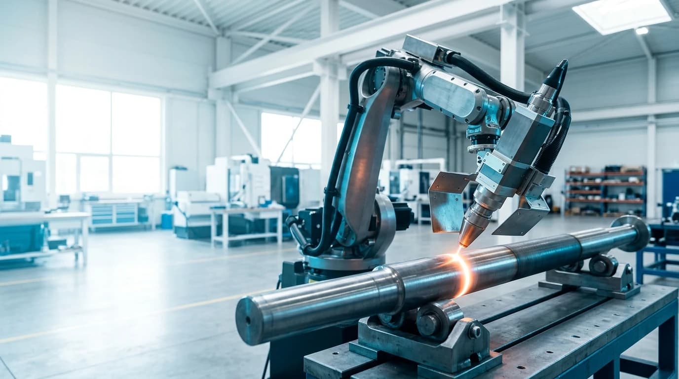 A robot-mounted laser head hardening the surface of a heavy steel shaft