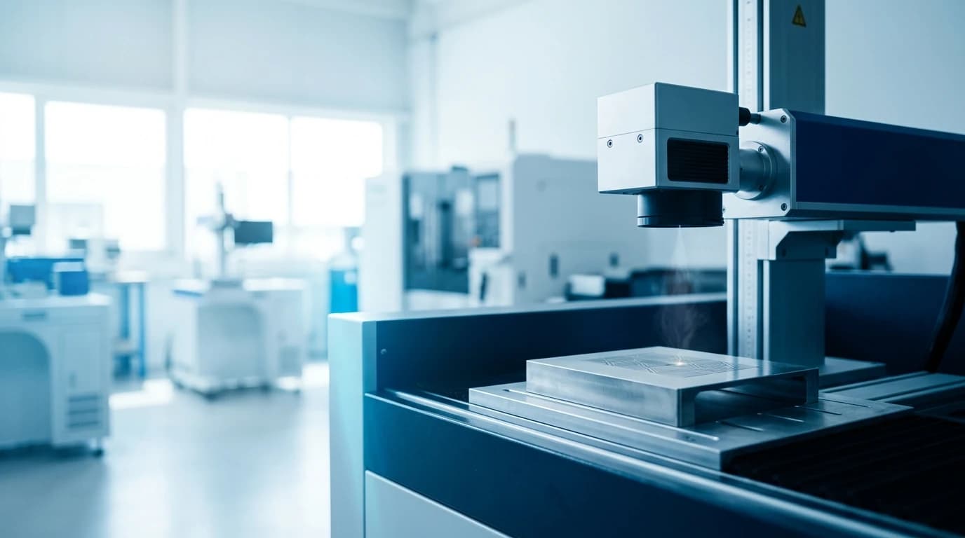 A benchtop fibre laser marking head engraving a stainless steel component