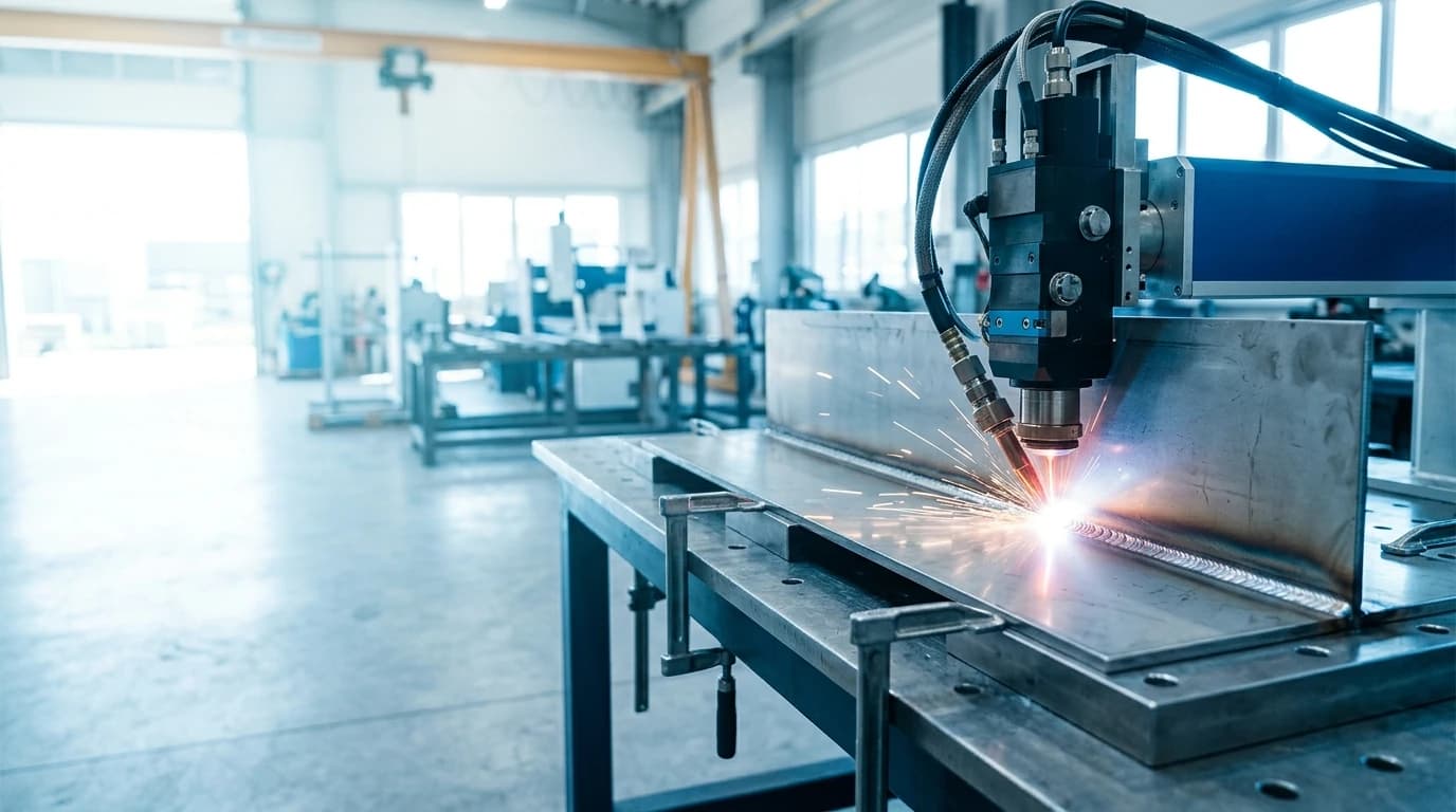 A fibre laser welding head joining two stainless plates with a bright weld pool