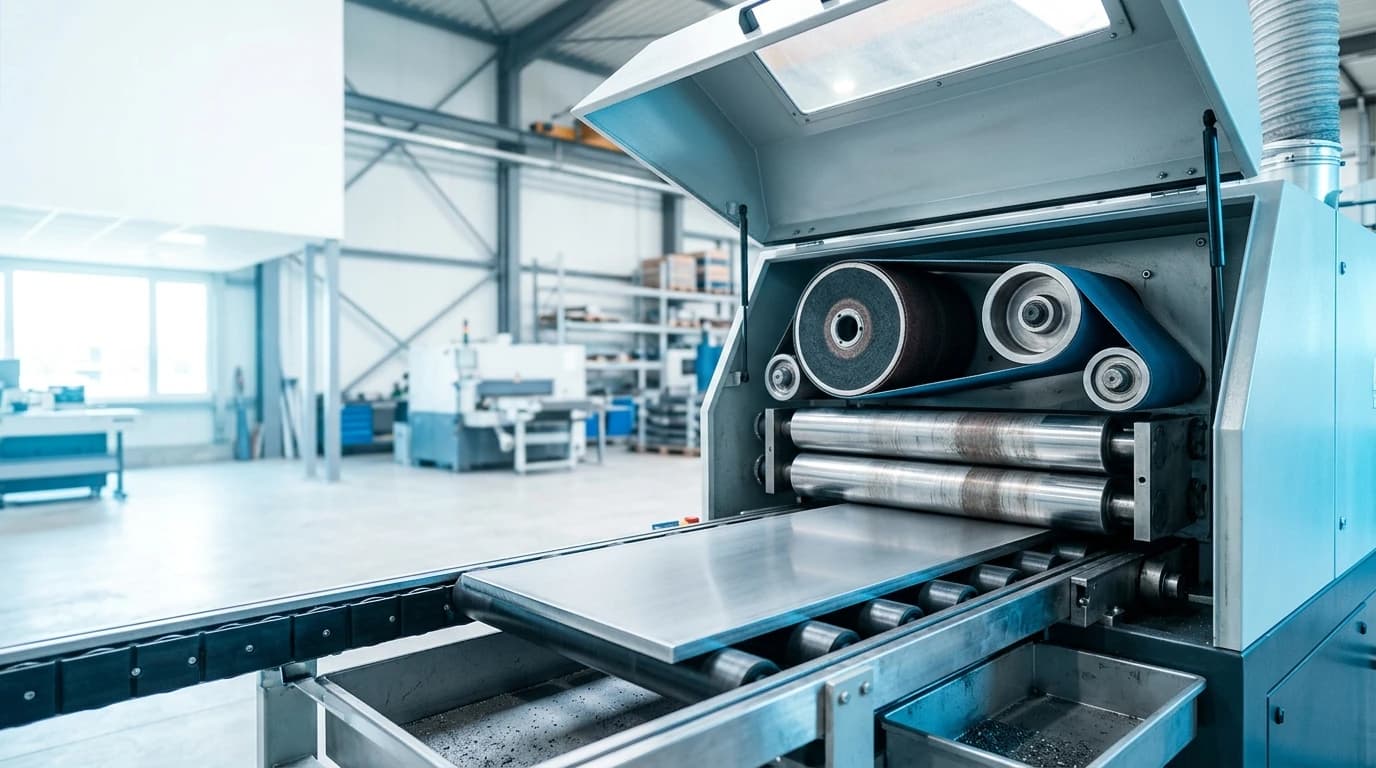 A wide-belt grinding and deburring machine processing a steel plate