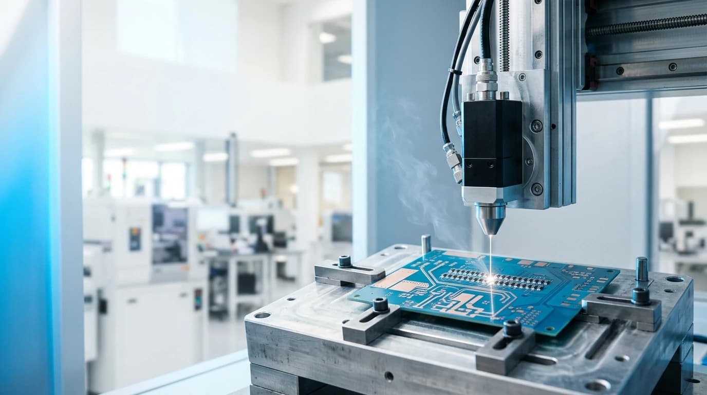 A laser trimming head above a circuit board, a fine beam adjusting a surface-mount resistor