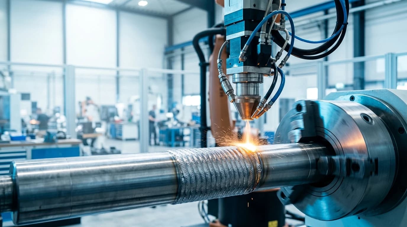 A laser deposition head cladding a steel shaft held in a chuck, laying overlapping weld beads into a fresh band along the surface