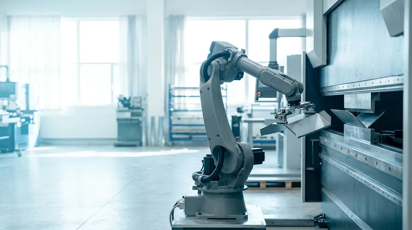 A robot arm presenting a bent sheet-metal part at a press brake inside an automated bending cell