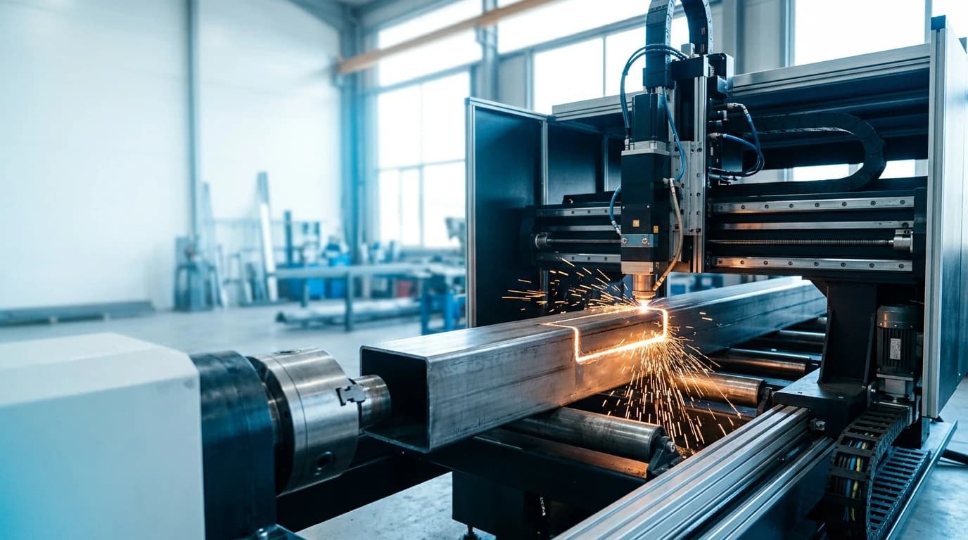 A CNC tube laser cutting machine cutting a square steel tube, sparks flaring from the cut