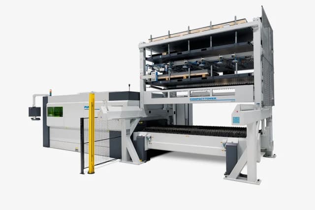 MOVit Compact Tower CT-L automated sheet storage beside an LVD Puma fibre laser cutting machine