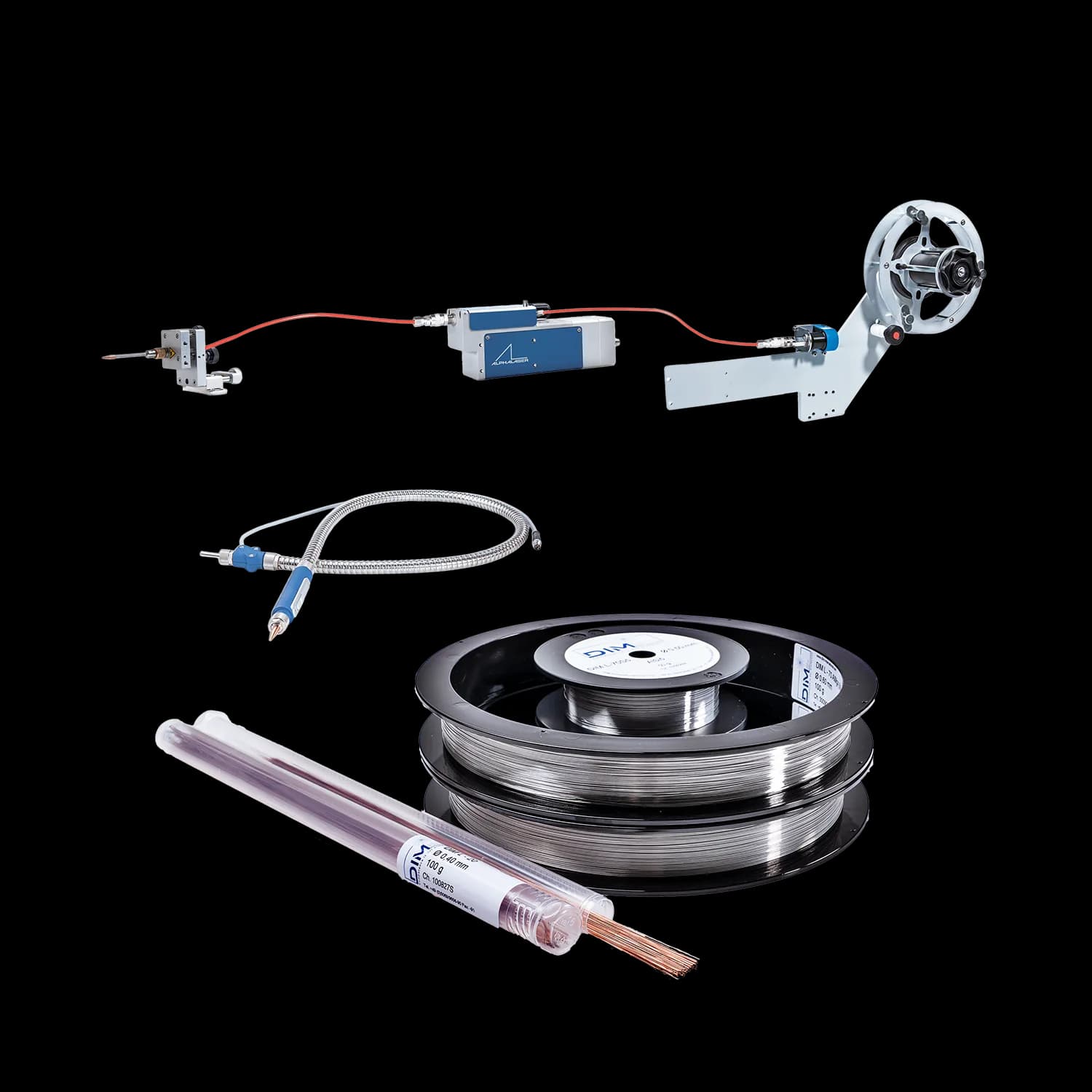 ALPHA LASER AL-DV wire feeder shown with a wire spool and filler rods