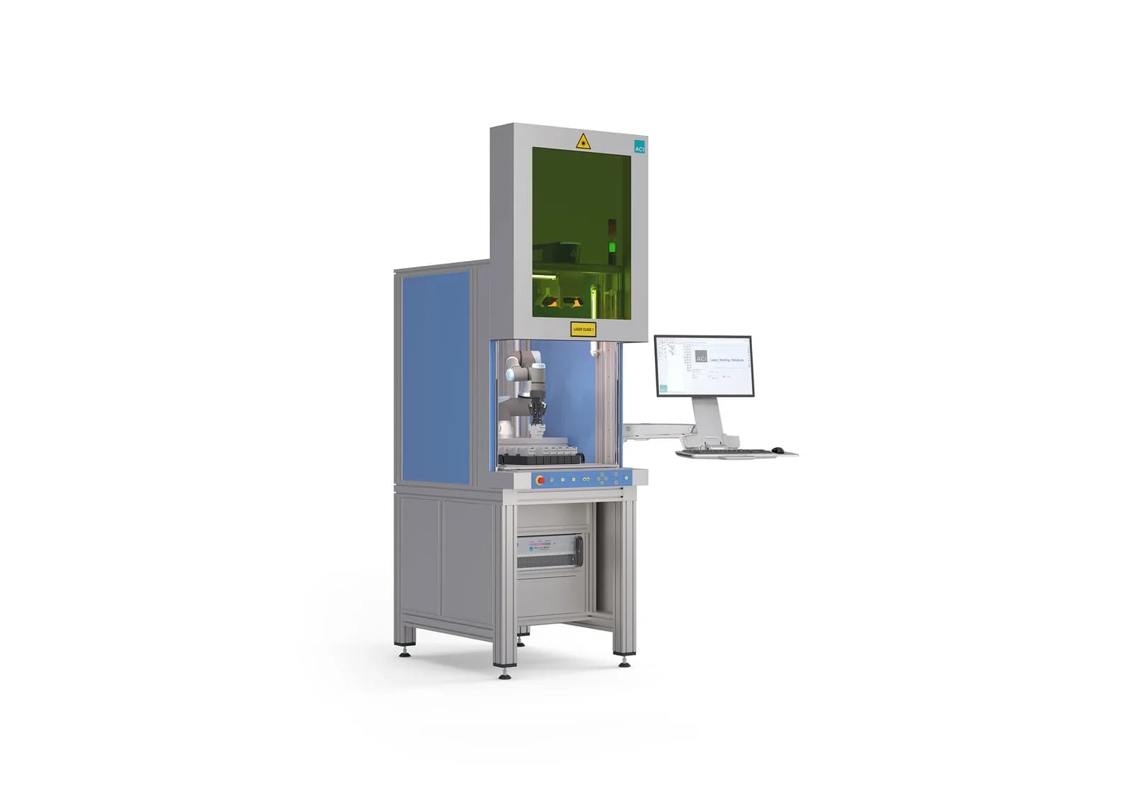 ACI Workstation Robotic marking cell — enclosed robot, control PC on a swing arm