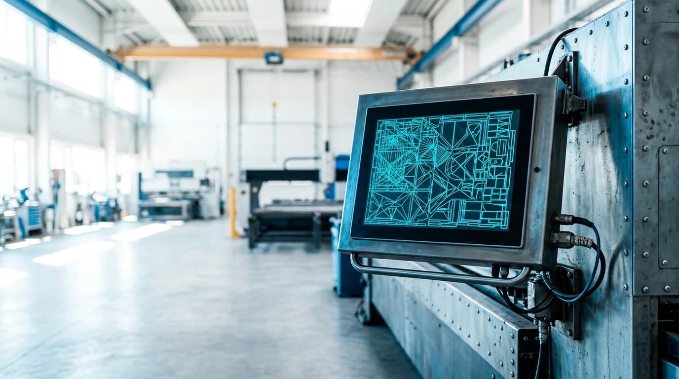 An industrial touchscreen terminal on a fabrication machine showing a cyan nesting layout