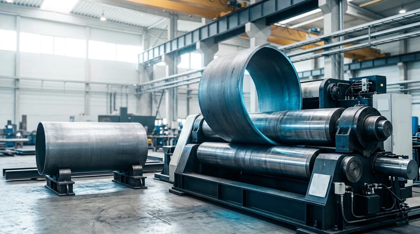 A four-roll plate bending machine rolling a steel plate into a cylinder