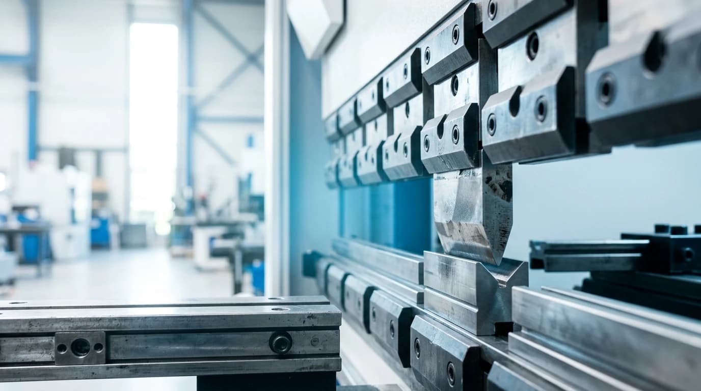 A row of precision hardened punches and V-dies seated in a press brake tool rail