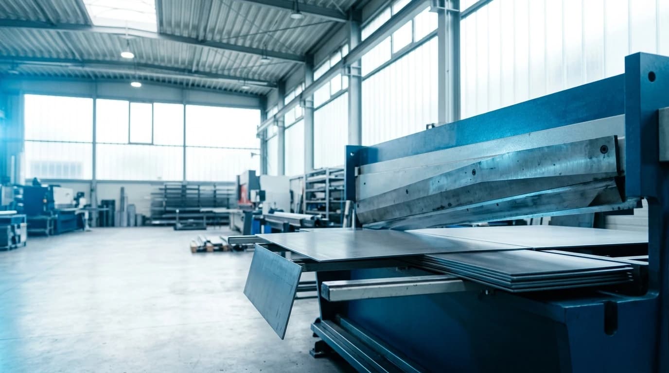 A hydraulic guillotine shear cutting a wide steel sheet in a fabrication facility