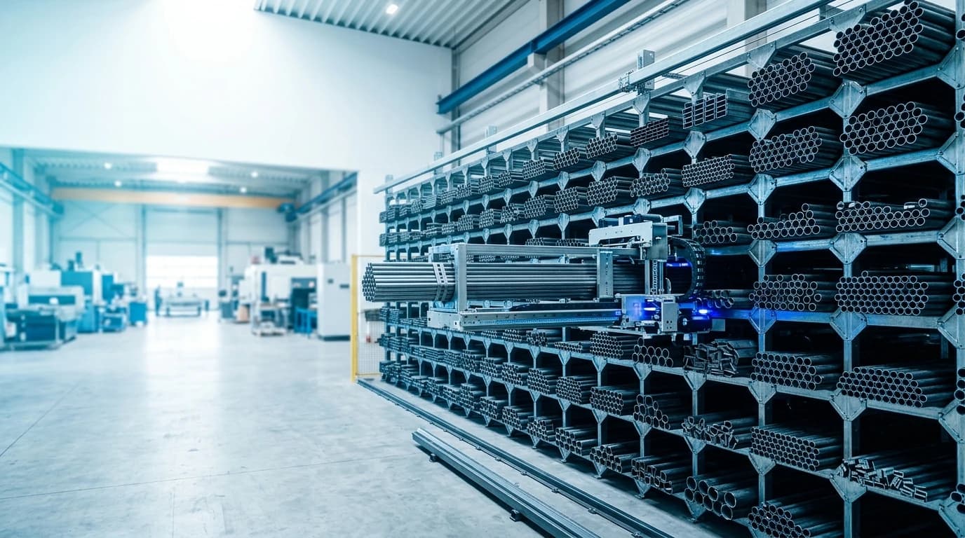 An automated honeycomb long-goods rack storing bundles of steel tube and bar